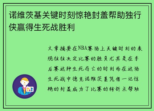 诺维茨基关键时刻惊艳封盖帮助独行侠赢得生死战胜利