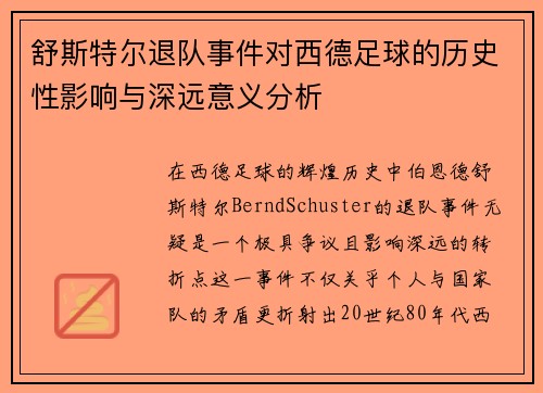 舒斯特尔退队事件对西德足球的历史性影响与深远意义分析 舒斯特尔退队事件对西德足球的历史性影响与深远意义分析