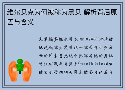 维尔贝克为何被称为黑贝 解析背后原因与含义 维尔贝克为何被称为黑贝 解析背后原因与含义
