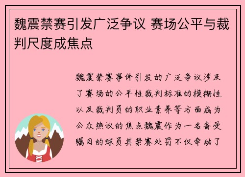魏震禁赛引发广泛争议 赛场公平与裁判尺度成焦点