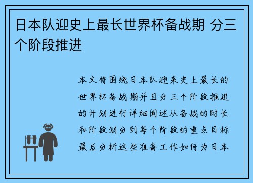 日本队迎史上最长世界杯备战期 分三个阶段推进