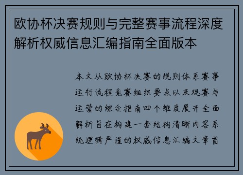 欧协杯决赛规则与完整赛事流程深度解析权威信息汇编指南全面版本