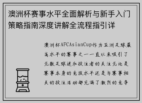 澳洲杯赛事水平全面解析与新手入门策略指南深度讲解全流程指引详